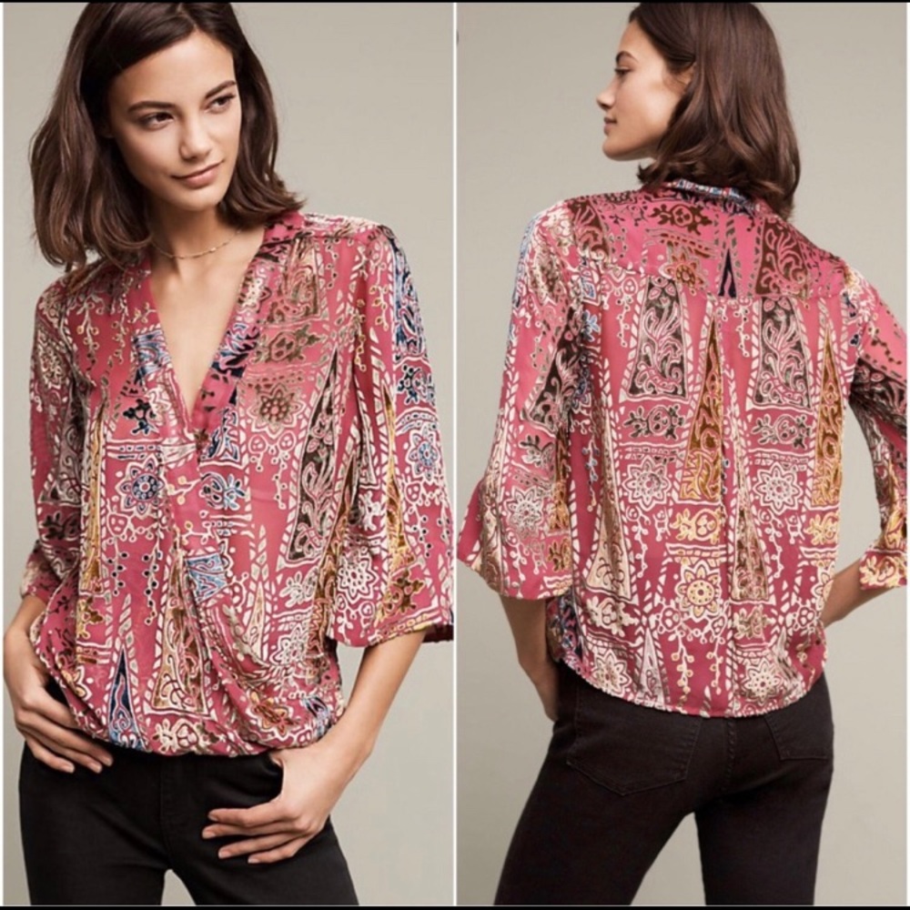 Anthropologie Pink Patterned V-Neck Dolman Sleeve Blouse